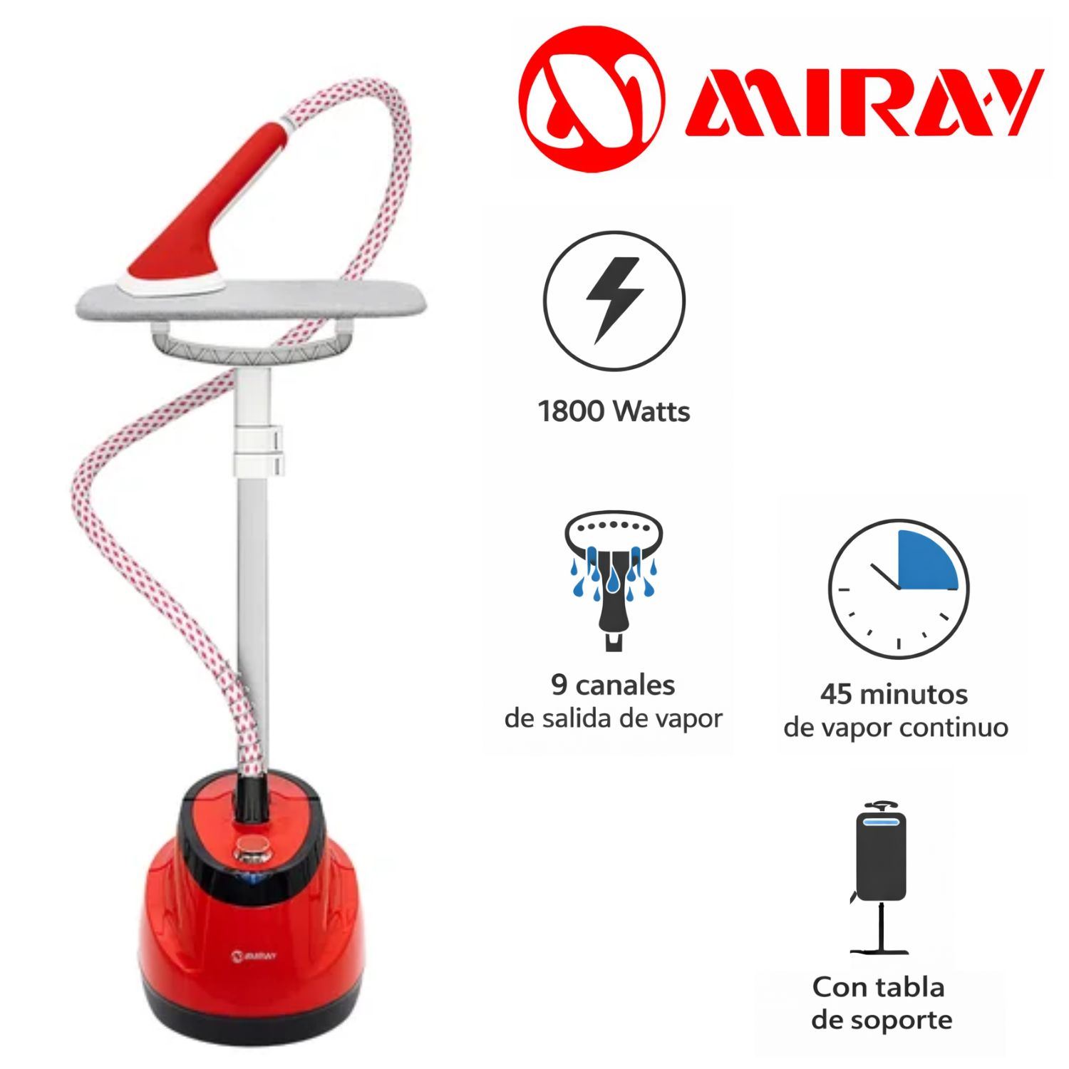 Vaporizador de prendas Miray VPM 10 con tabla de soporte 1800 Watts Rojo